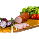 Smoked homemade pork loin file from DELUMANI, sliced mezeluri meat with a rich, smoky appearance